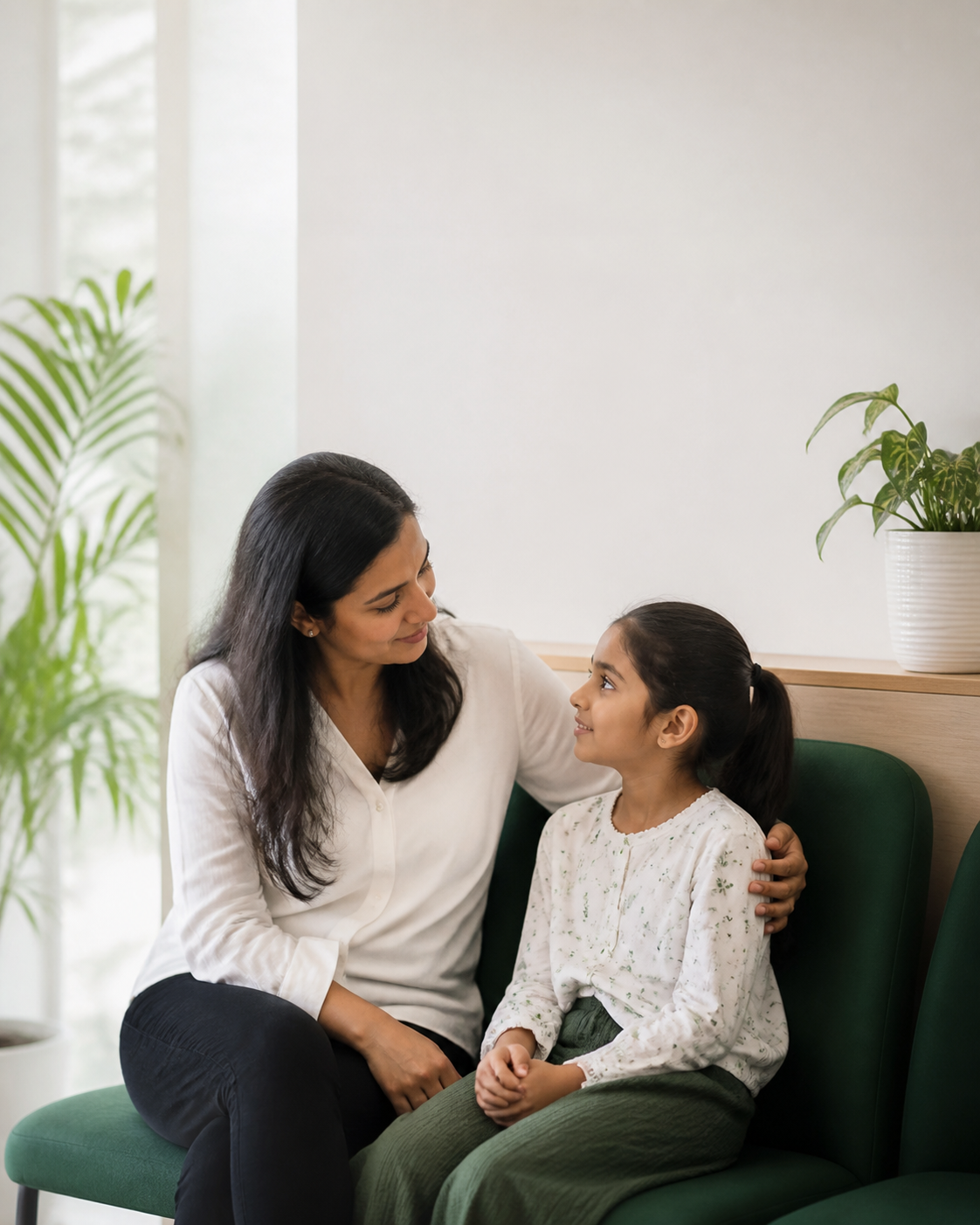 Mother and child waiting calmly for a dental visit