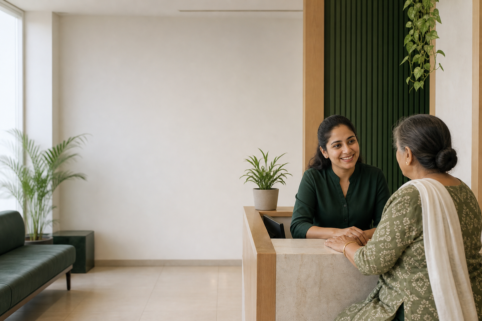 Receptionist welcoming a patient at a calm dental clinic