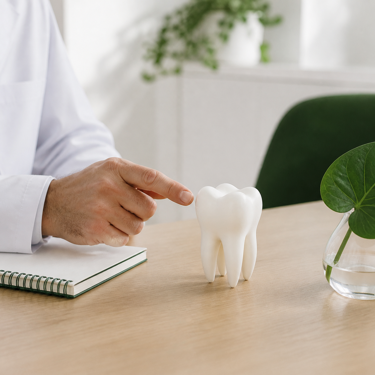 Dental professional explaining a tooth model